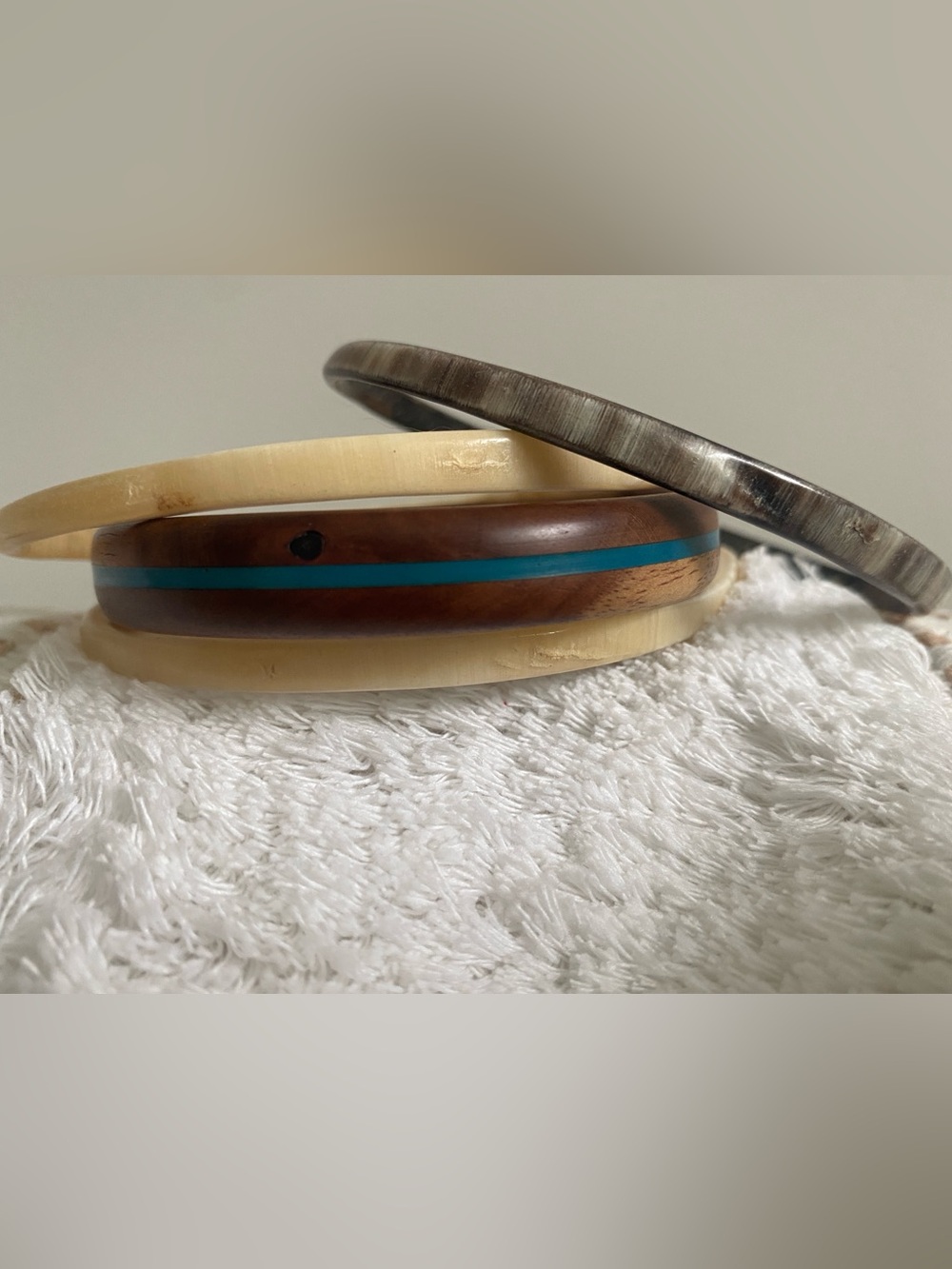 Set of Four Wooden / Horn Bangles in Natural, Dark Brown, Tan & Turquoise Inlay